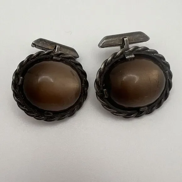 Vintage Ed Harris Sterling Silver Tigers Eye Agate Modernist Handmade Cufflinks - Picture 1 of 9